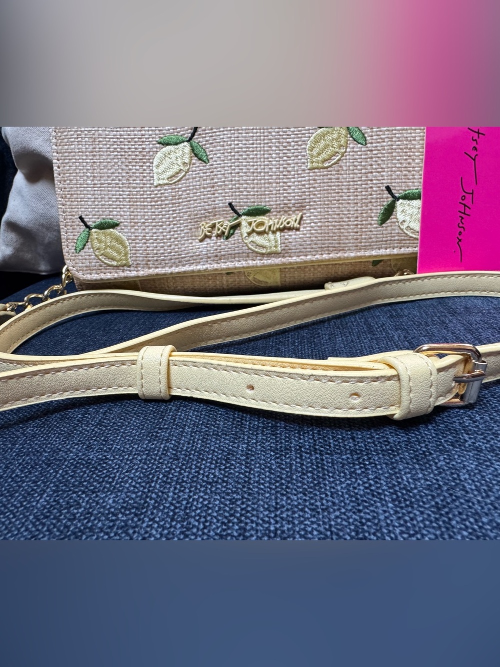 Betsey Johnson Lemon Embroidered Beige Crossbody Bag with Yellow Strap - Picture 5 of 12